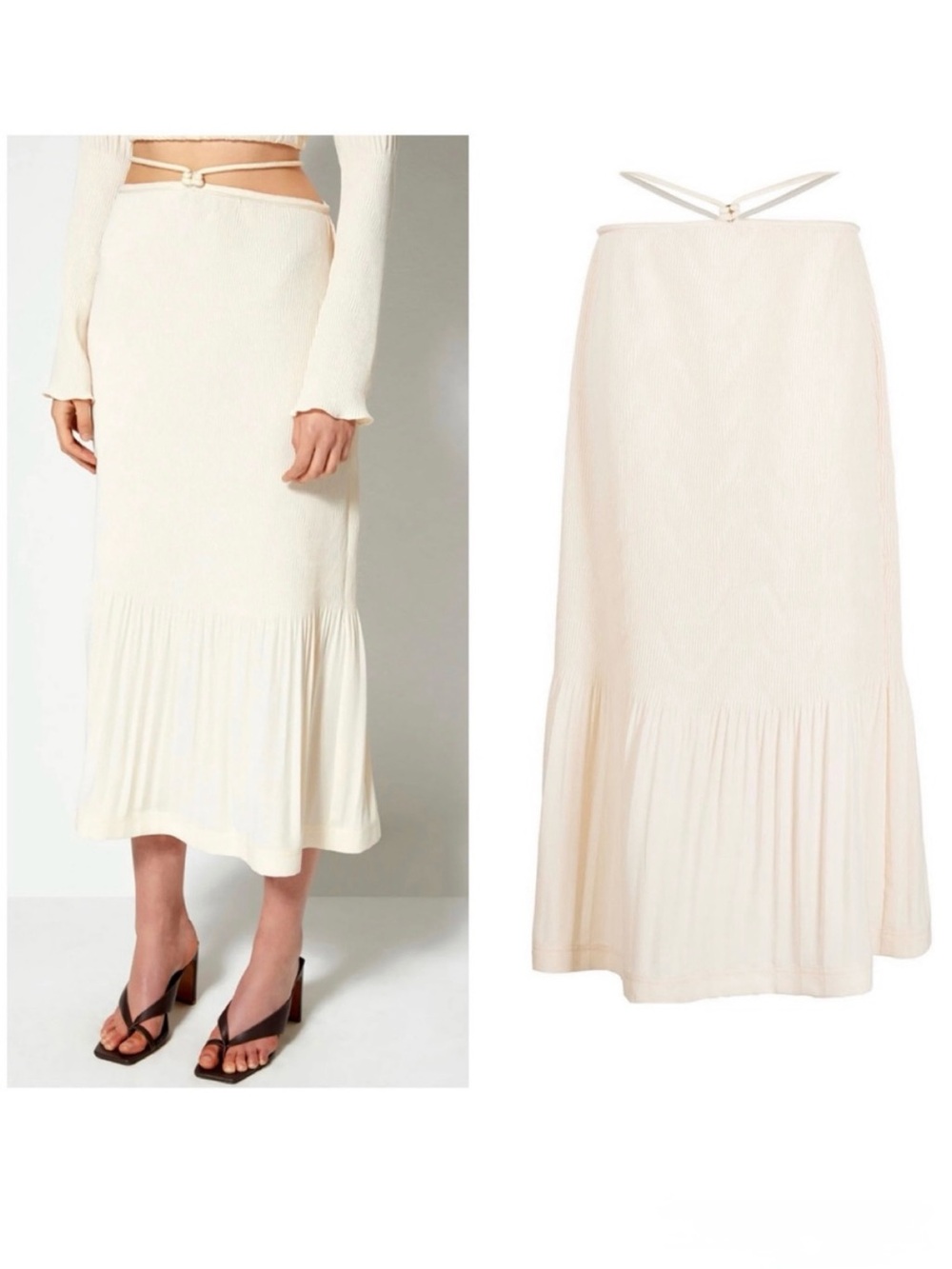 JONATHAN SIMKHAI Mia Tie-Waist Plissé Midi Skirt Size 4 Sandstone